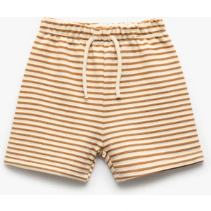 Beli Bağcıklı Pamuklu Çizgili Şort