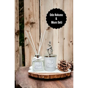 Geyik Başlıklı Gümüş Detaylı Çubuklu Oda Kokusu 100 ml ve Beyaz Bardak  Mum Seti