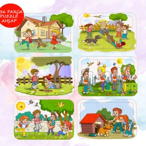 6 Adet 36 Parça Çocuk Eğlence Teması Ahşap Puzzle