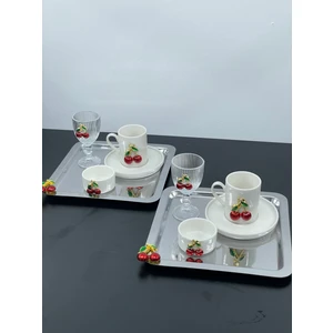 2 Kişilik Kiraz Porselen Kahve Fincan Takımı Seti Kahve Yanı Bardak ve Kare Metal Sunum Tepsi