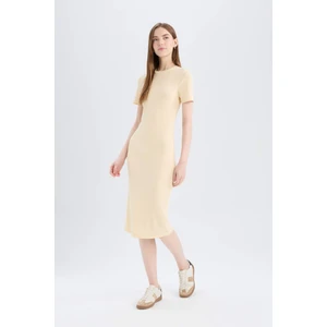 Bodycon Vücudu Saran Bisiklet Yaka Fitilli Kaşkorse Kısa Kollu Midi Elbise E6926AX25SP