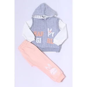 Kız Bebek Yelekli Takım Kapşonlu Çıtçıtlı Tavşan Baskılı A15