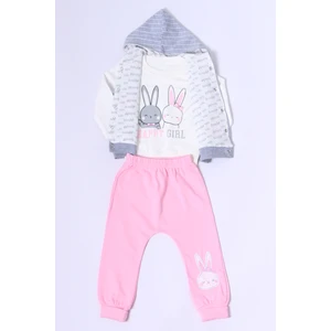 Kız Bebek Yelekli Takım Kapşonlu Çıtçıtlı Tavşan Baskılı A15