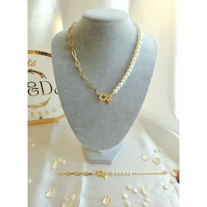 Le&da Accessory Inci Gemici Kilit Zincirli Set 14 Ayar Altın Kaplama Gemici Kilit Sistemli Altın Takılabilen Set