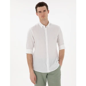 Pierre Cardin Erkek Beyaz Keten Karışımlı Regular Fit Uzun Kollu Gömlek 50303245-VR013