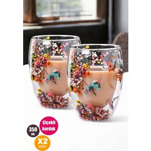 Berdina Home 2'li Çift Cidarlı Flower Cup 350ml Çiçekli Bardak Kahve Çay Bardağı El Yapımı Cam Bardak Seti