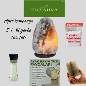 TUZ AURA 5' Bi Yerde Tuz Seti.3 kg çankırı doğal tuz lambası,ayak bakım tuzu ,krıstal kaya tuzu,tuz değirmeni ve tuz sabunu birarada