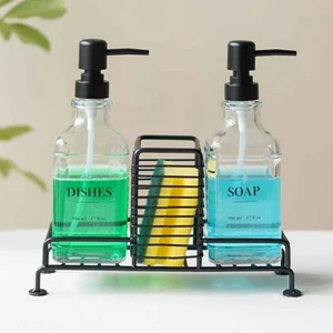 Mutfak Sabun Ve Deterjan Dispenser Seti Demir Çiftli Pompa Ve Sünger Standı 500 Ml Siyah