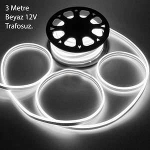 Neon Esnek Şerit LED 3 Metre Beyaz 12 Volt (Trafosuz)