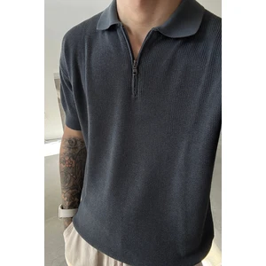 Füme Polo Yaka Yarım Fermuarlı Triko