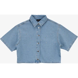 Crop Gömlek Yaka Taşlı Açık Indigo Kadın Denim Gömlek F5SL-GML0167