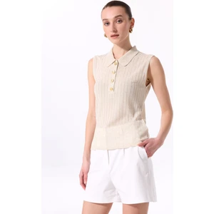 Polo Yaka Düz Örgü Desenli Bej Kadın Bluz F5SL-BLZ0423