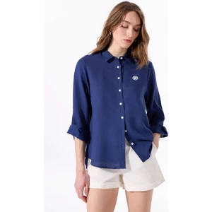 Lacivert Kadın Relaxed %100 Keten Gömlek J5SL-GML7158