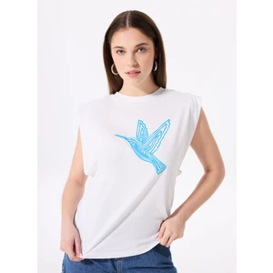 Bisiklet Yaka Baskılı Kırık Beyaz Kadın T-Shirt F5SL-TST0372