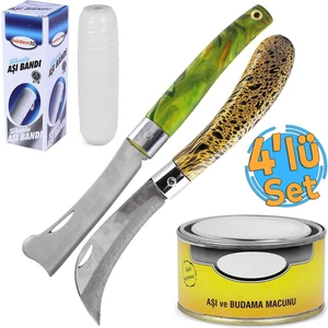 (4'LÜ SET) Eğri ve Düz Uçlu Aşı Bıçağı Bağ Bıçağı Çakısı Aşı Bandı + Aşı Macunu