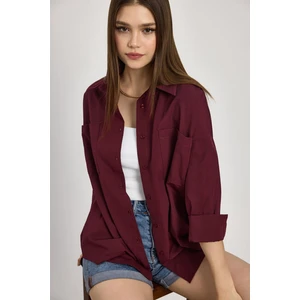 Bordo Çift Cepli Oversize Uzun Basic Gömlek - TCR-6256A