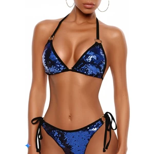 Siyah Mavi Payetli Üçgen Bikini Takımı