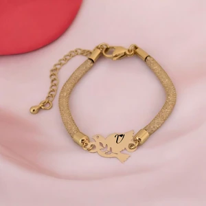 Kuş Figürlü 14  Ayar Altın Plakalı Kadınlar İçin  Harfe Özel Bileklik-365 Harf - Sw