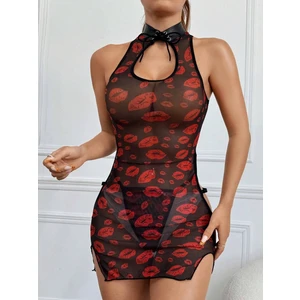 my cherie Dudak Baskılı Deri Yakalı Mini Gecelik String Takım