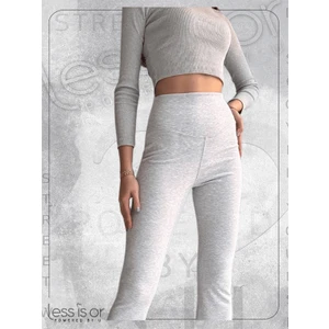 Kadın Ispanyol Paça Kalın Penye Yüksek Bel Gri Tayt