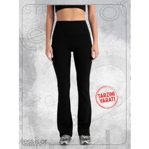 Kadın Ispanyol Paça Kalın Penye Yüksek Bel Siyah Tayt