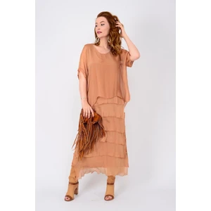 Italyan 2 Beden Ince Gösteren Yarım Kol Kat Kat Ipek Elbise