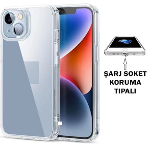 (Tıpalı Şeffaf) Apple iPhone 14 Kamera Koruyuculu Şarj Yeri Tıpalı Yumuşak Şeffaf Silikon Kılıf