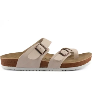 Fly Soft S042.031 Kadın Parmak Arası Çift Tokalı Mantar Taban Comfort Terlik Bej
