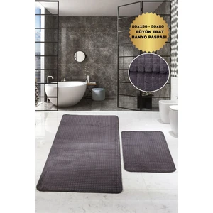 Kare Plus Antrasit Büyük Ebat (80 x 150 + 50 x 80  cm ) 2'li Banyo Paspası Yıkanabilir Klozet Takımı