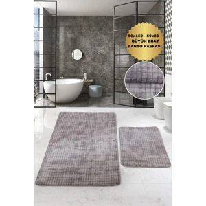 Kare Plus Gri Büyük Ebat (80 x 150 + 50 x 80  cm ) 2'li Banyo Paspası Yıkanabilir Klozet Takımı
