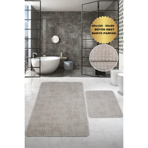 Kare Plus Krem Büyük Ebat (80 x 150 + 50 x 80  cm ) 2'li Banyo Paspası Yıkanabilir Klozet Takımı