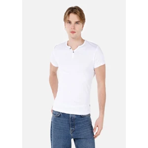 Slim Fit Placket Neck Düz Erkek Beyaz Kısa Kol Tişört