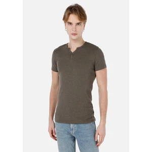 Slim Fit Placket Neck Düz Erkek Yeşil Kısa Kol Tişört