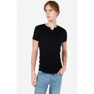 Slim Fit Placket Neck Düz Erkek Siyah Kısa Kol Tişört