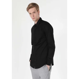 Süper Slim Fit Shirt Neck Düz Erkek Siyah Uzun Kol Gömlek