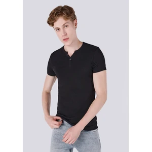 Slim Fit Placket Neck Düz Erkek Siyah Kısa Kol Tişört