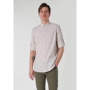 Regular Fit Shirt Neck Düz Erkek Bej Roll-up Gömlek