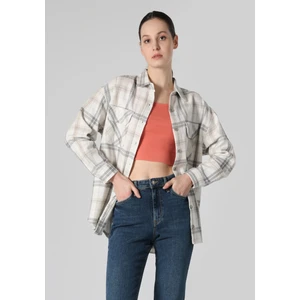 Regular Fit Shirt Neck Ekoseli Kadın Bej Uzun Kol Gömlek
