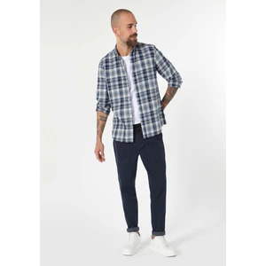 Slim Fit Shirt Neck Ekoseli Erkek Mavi Uzun Kol Gömlek
