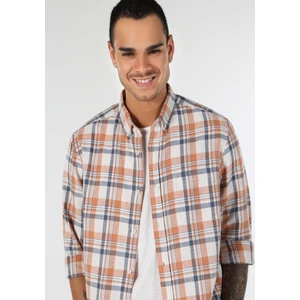 Regular Fit Shirt Neck Ekoseli Erkek Turuncu Uzun Kol Gömlek