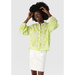 Regular Fit Shirt Neck Çiçekli Kadın Yeşil Uzun Kol Gömlek