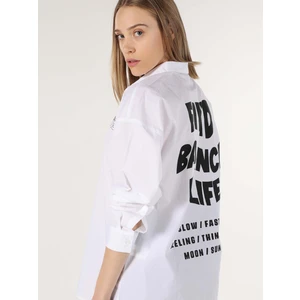 Relaxed Fit Shirt Neck Baskılı Kadın Beyaz Uzun Kol Gömlek
