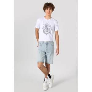 Baggy Fit Orta Bel Düz Erkek İndigo Jean Şort