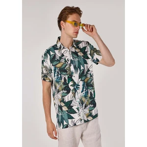Regular Fit Shirt Neck Baskılı Erkek Yeşil Kısa Kol Gömlek
