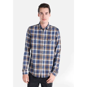 Slim Fit Shirt Neck Ekoseli Erkek Mavi Uzun Kol Gömlek