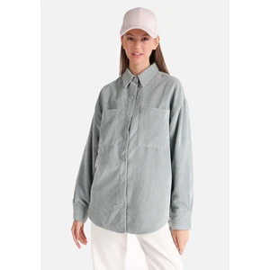 Relaxed Fit Shirt Neck Düz Kadın Yeşil Uzun Kol Gömlek