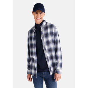Regular Fit Shirt Neck Ekoseli Erkek Mavi Uzun Kol Gömlek