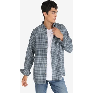 Regular Fit Shirt Neck Kareli Erkek Lacivert Uzun Kol Gömlek