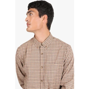 Regular Fit Shirt Neck Kareli Erkek Kahverengi Uzun Kol Gömlek