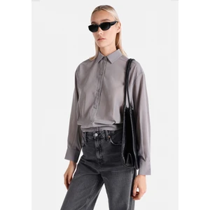 Regular Fit Shirt Neck Ekoseli Kadın Gri Uzun Kol Gömlek